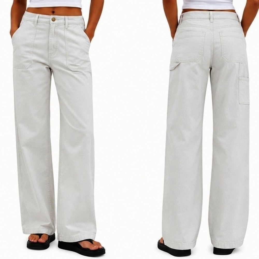 Lands End Womens 14 Pants Herringbone Utility Carpenter Beige Straight Leg